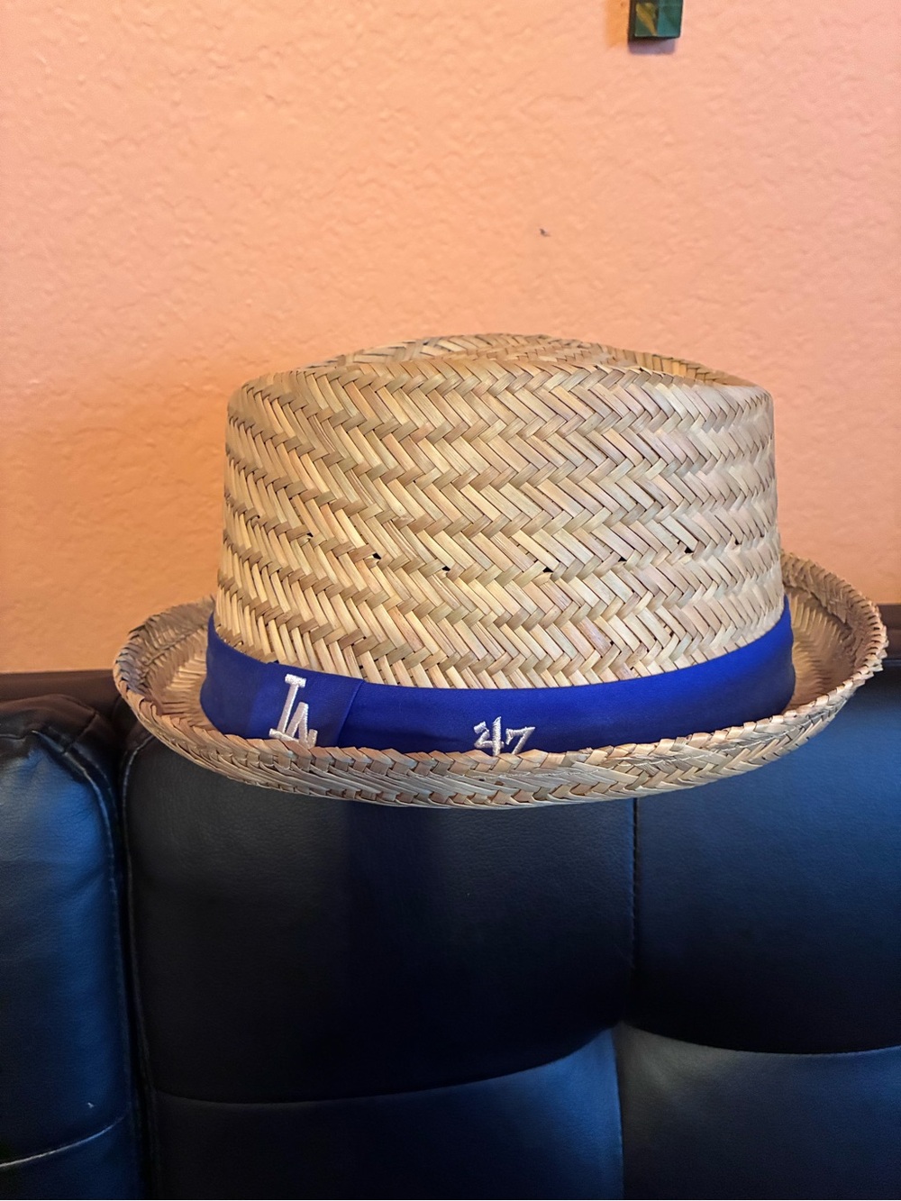 Straw Pork Pie Hat with Royal Blue LA Ribbon